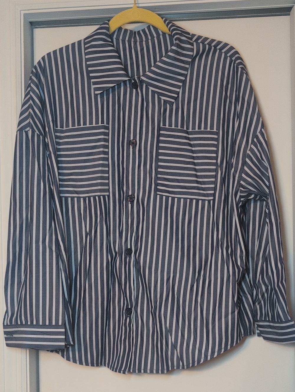 NIB SHEIN Women's Navy White Striped Button Down Shirt Size Large 8/10